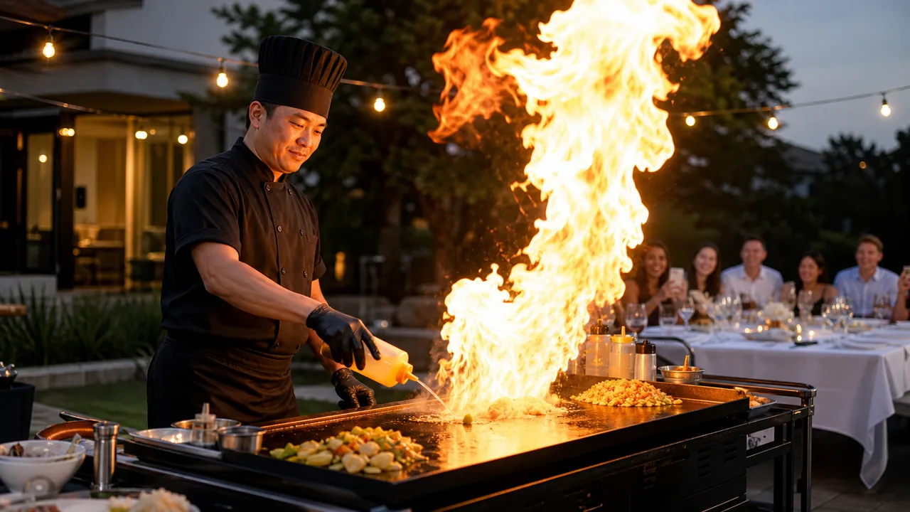 Illustration of a chef and guests at an outdoor hibachi dinner