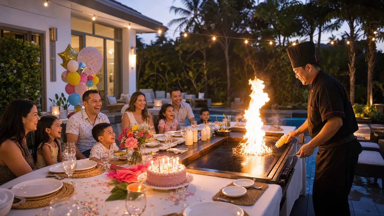 Illustration of a birthday gathering around a hibachi chef