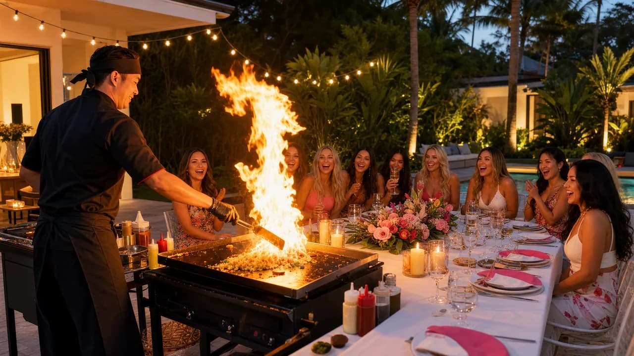 Illustration of friends gathering for an outdoor hibachi meal